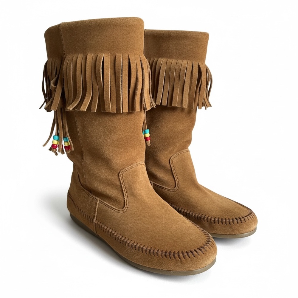 Route 66 Suede Fringe Moccasin-Style Slouch Boots Boho Festival Tan Beaded 9 - Picture 4 of 8